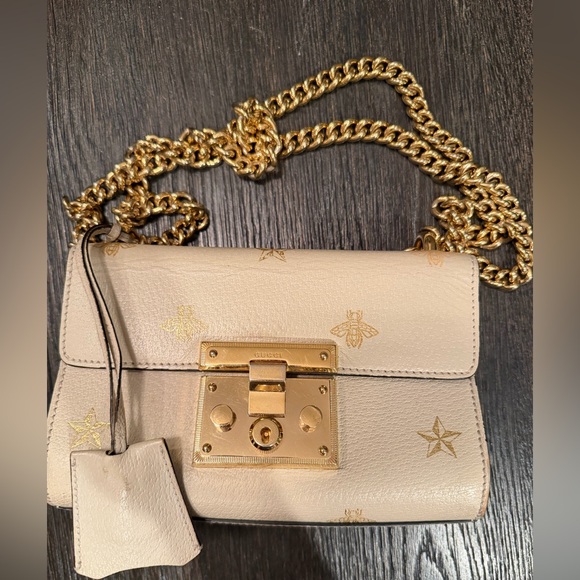 Gucci Handbags - GUCCI Padlock Bee Leather Shoulder Bag Ivory